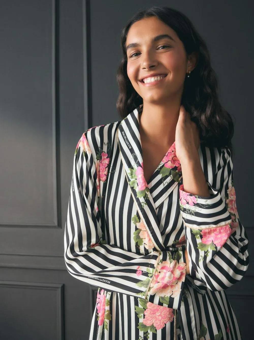 Rockett St George Black/White Flower Power Stripe Satin Robe^Women Bathrobes