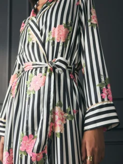 Rockett St George Black/White Flower Power Stripe Satin Robe^Women Bathrobes