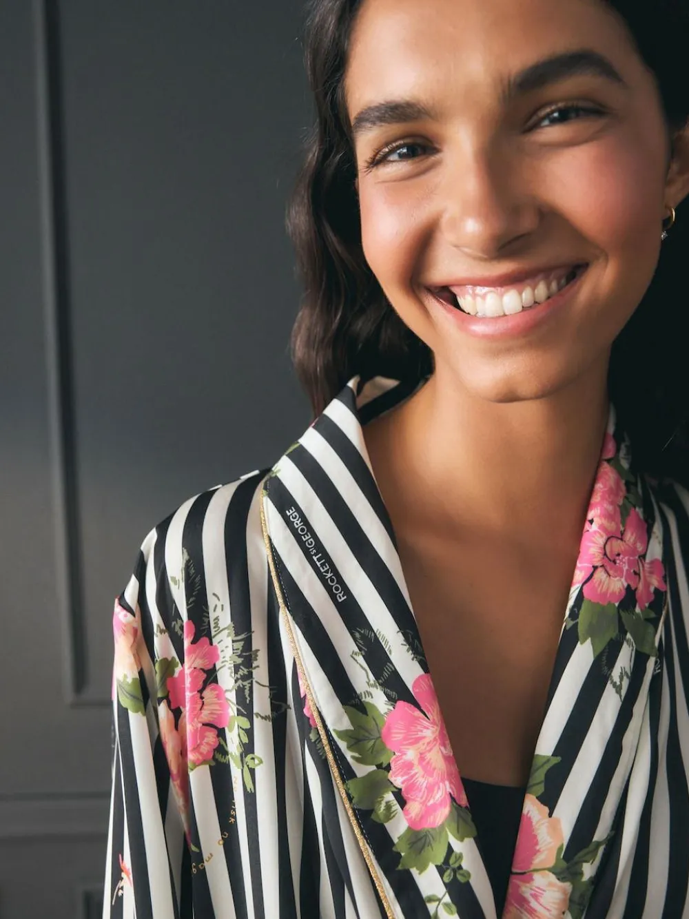 Rockett St George Black/White Flower Power Stripe Satin Robe^Women Bathrobes