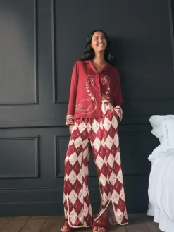 Discount Rockett St George Red Argyle Swan Textured Satin Button Through Pyjamas