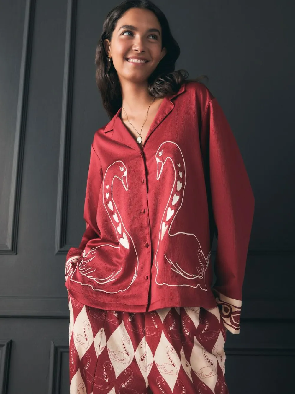 Discount Rockett St George Red Argyle Swan Textured Satin Button Through Pyjamas