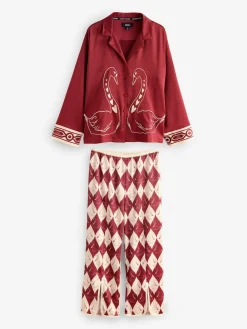 Discount Rockett St George Red Argyle Swan Textured Satin Button Through Pyjamas