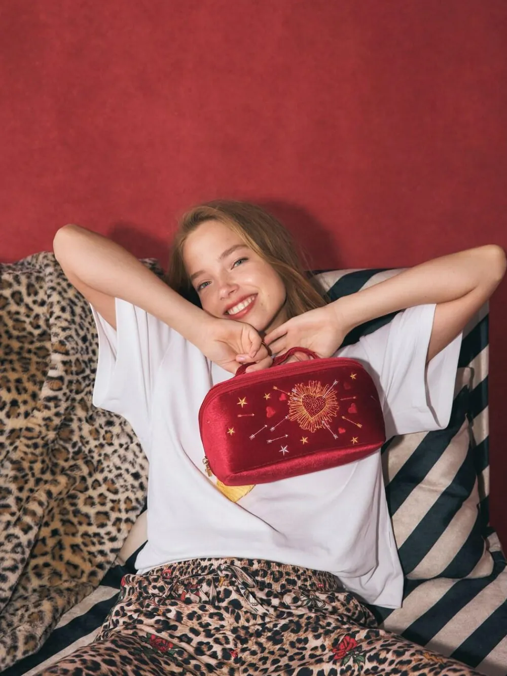 Rockett St George Red Velvet Embellished Fold Out Wash Bag