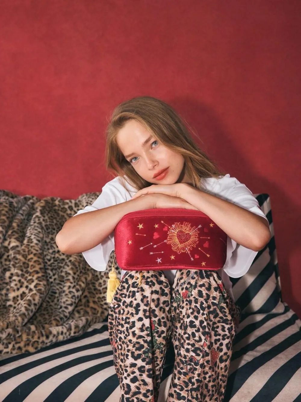 Rockett St George Red Velvet Embellished Fold Out Wash Bag