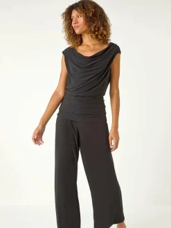 Online Roman Black Cowl Neck Ruched Stretch Jumpsuit