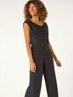 Online Roman Black Cowl Neck Ruched Stretch Jumpsuit