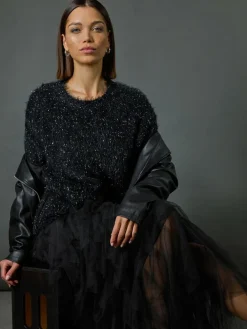 Roman Black Elasticated Mesh Layered Skirt^Women Skirts