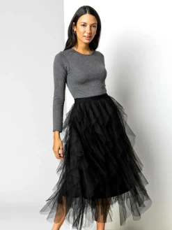 Roman Black Elasticated Mesh Layered Skirt^Women Skirts