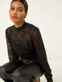 Discount Roman Lace Frill High Neck Stretch Shirt Black