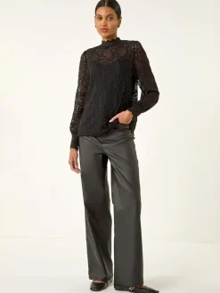 Discount Roman Lace Frill High Neck Stretch Shirt Black