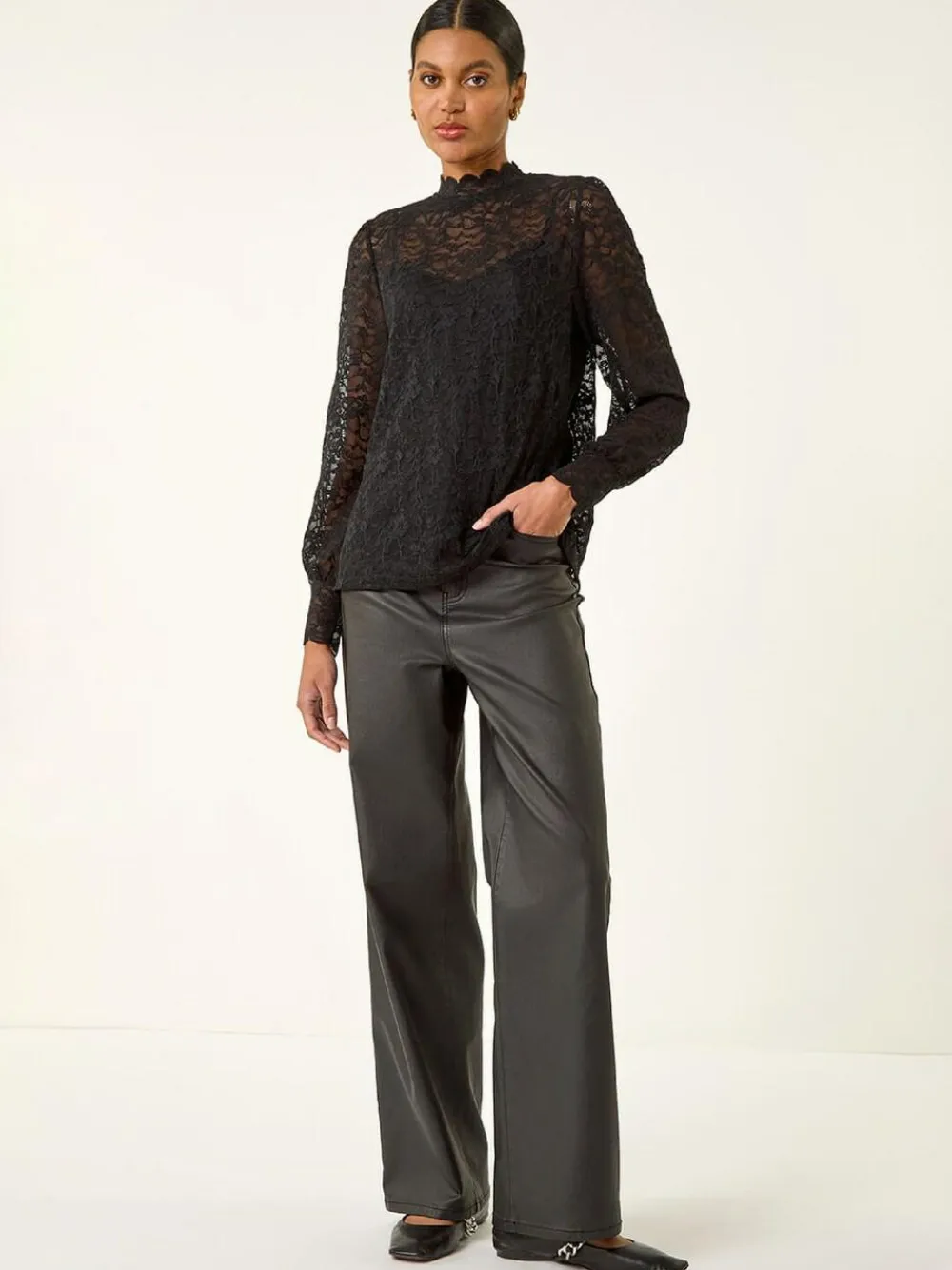 Discount Roman Lace Frill High Neck Stretch Shirt Black