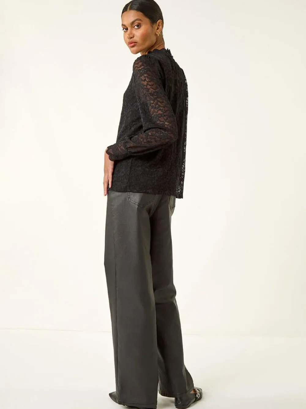 Discount Roman Lace Frill High Neck Stretch Shirt Black