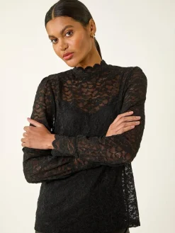 Discount Roman Lace Frill High Neck Stretch Shirt Black