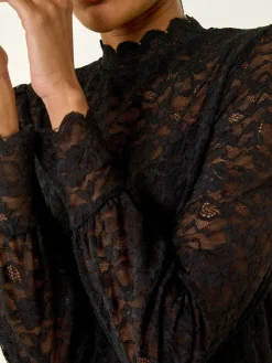 Discount Roman Lace Frill High Neck Stretch Shirt Black