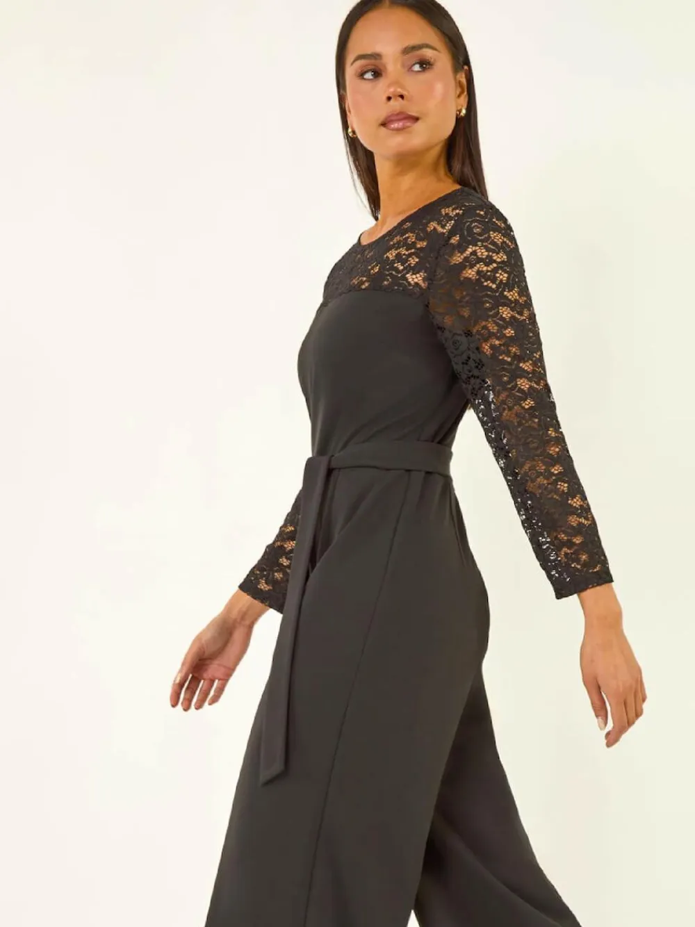 Roman Black Petite Lace Contrast Stretch Jumpsuit^Women Jumpsuits & Playsuits