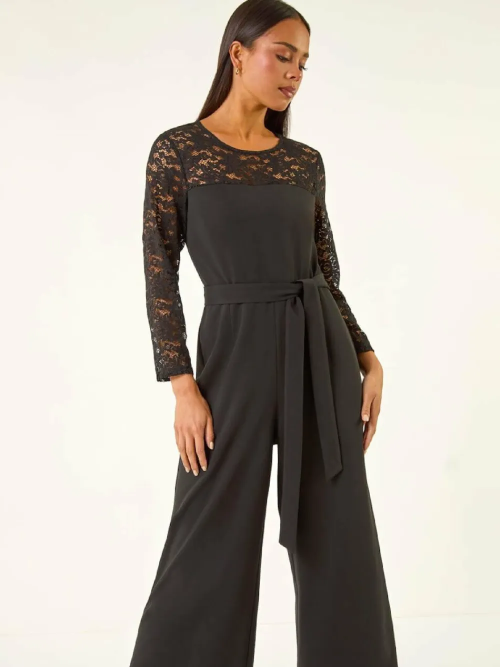 Roman Black Petite Lace Contrast Stretch Jumpsuit^Women Jumpsuits & Playsuits
