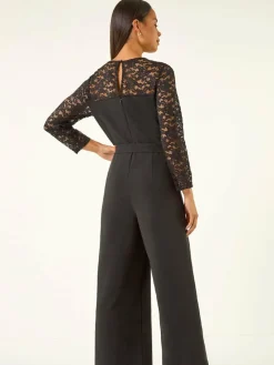 Roman Black Petite Lace Contrast Stretch Jumpsuit^Women Jumpsuits & Playsuits