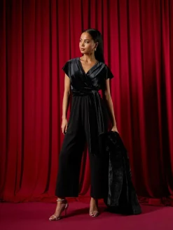 Hot Roman Black Petite Velvet Contrast Jumpsuit