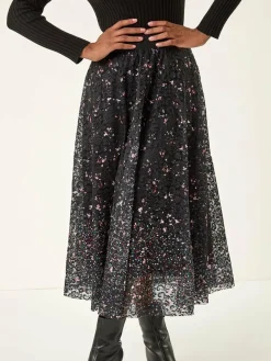 Roman Black Printed Lace Overlay Skirt^Women Skirts