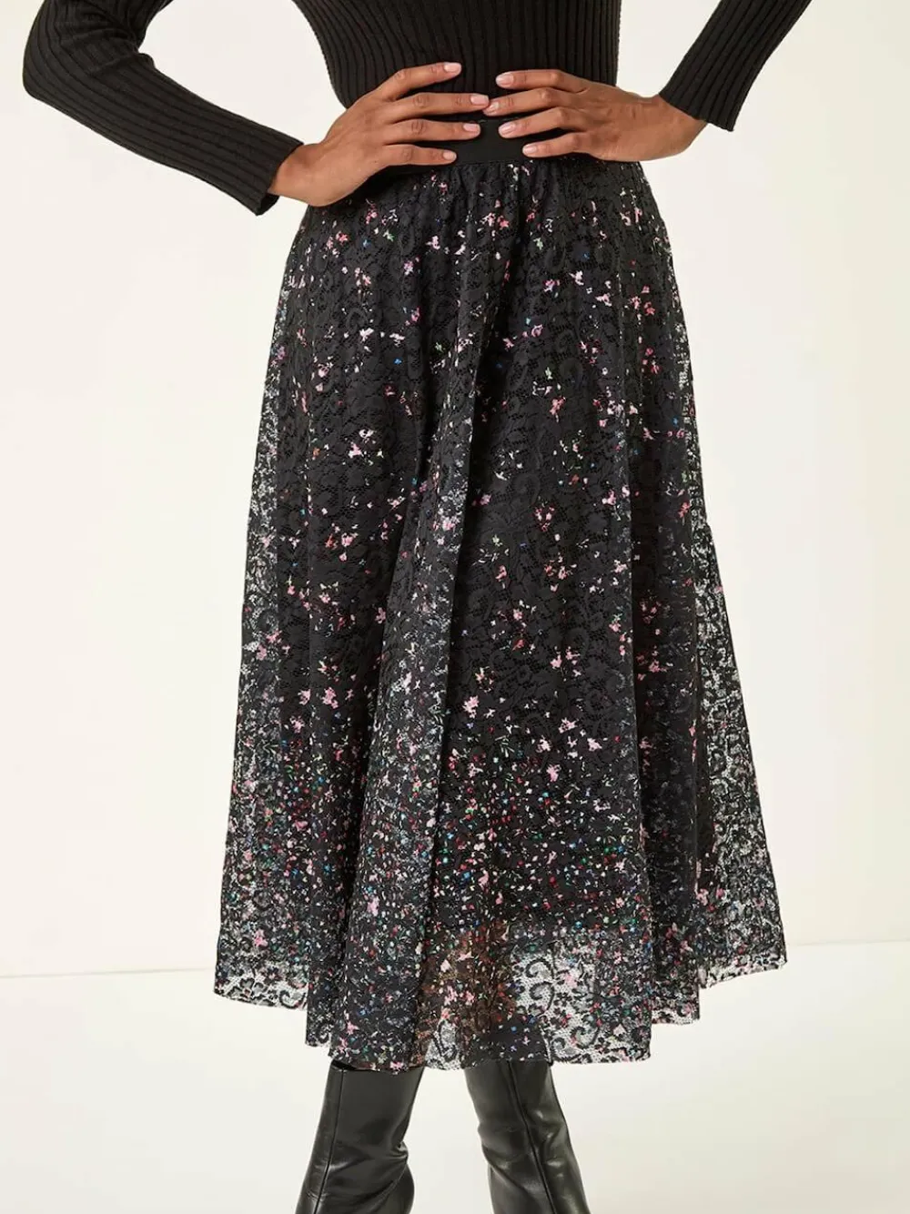 Roman Black Printed Lace Overlay Skirt^Women Skirts