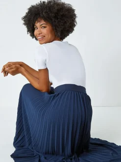 Roman Blue Pleated Maxi Skirt^Women Skirts