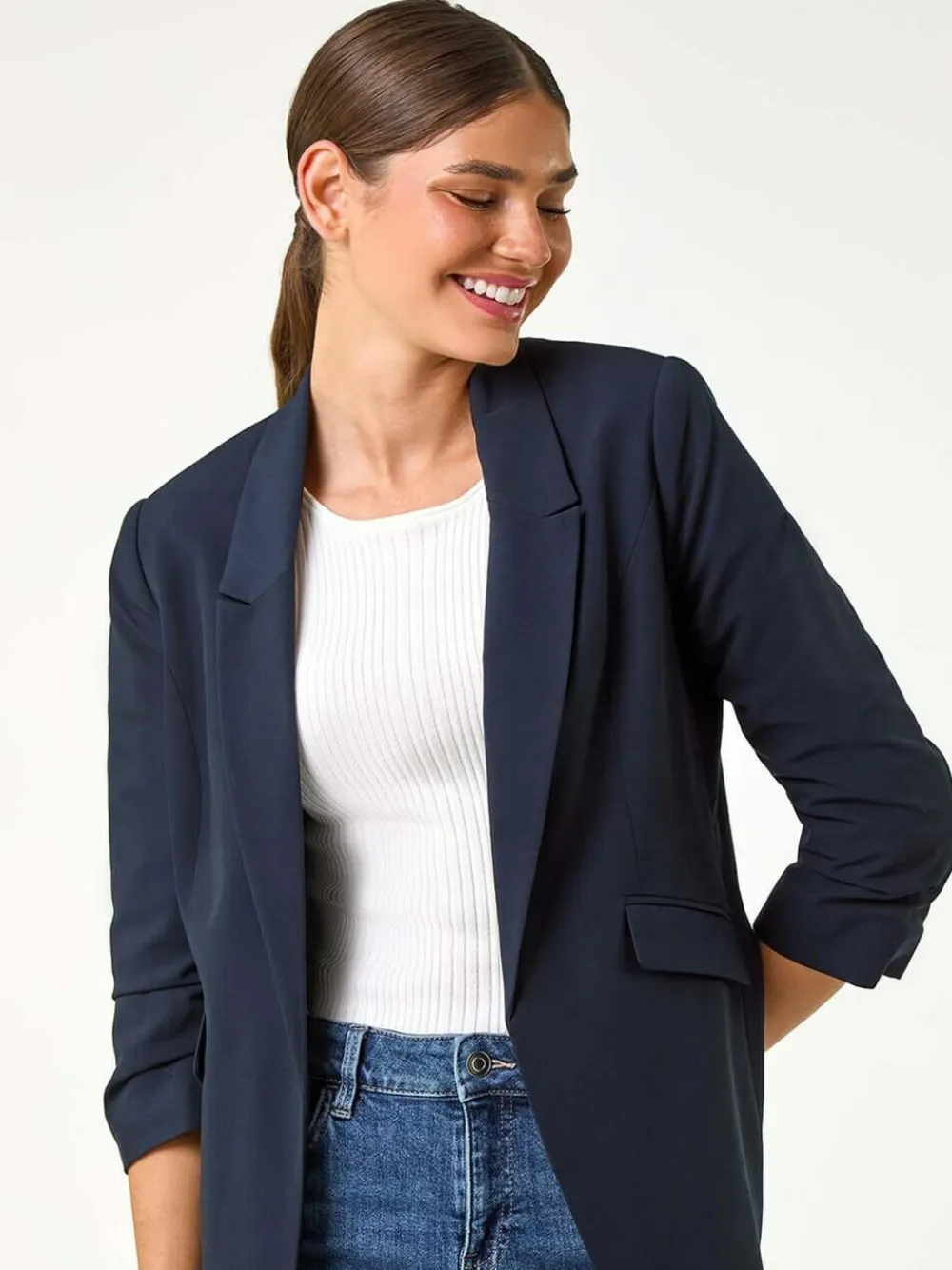 Roman Ruched Sleeve Stretch Blazer Blue