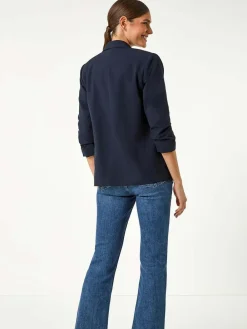 Roman Ruched Sleeve Stretch Blazer Blue