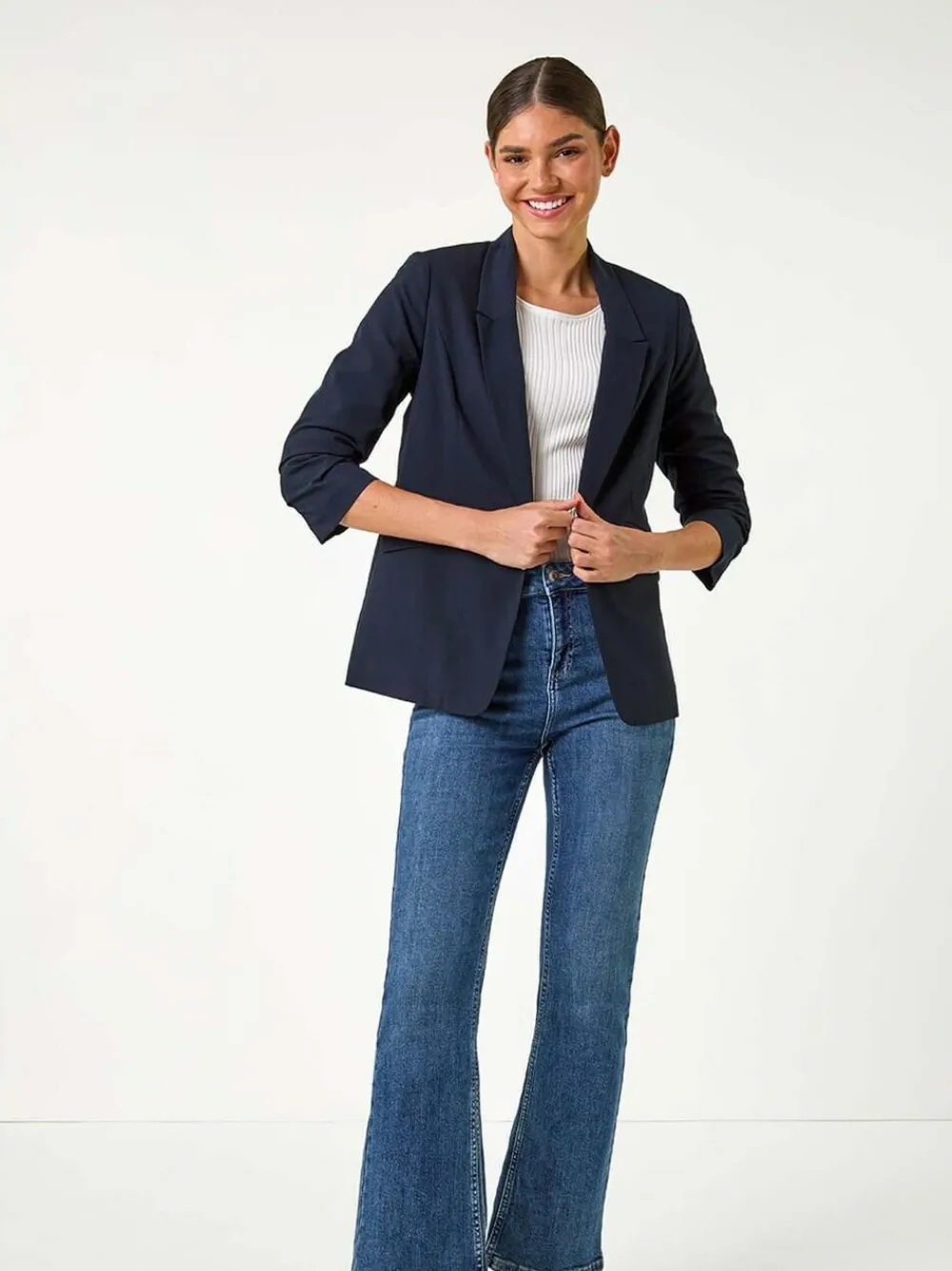 Roman Ruched Sleeve Stretch Blazer Blue
