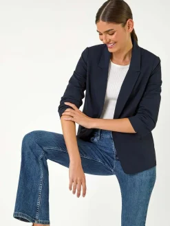 Roman Ruched Sleeve Stretch Blazer Blue