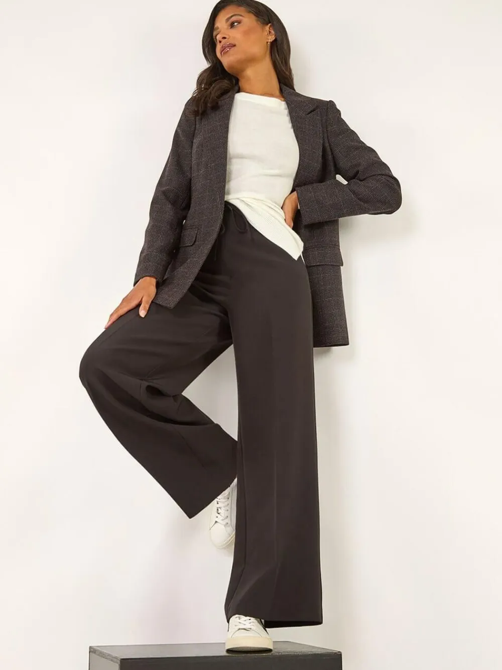 Roman Brown Check Print Longline Blazer^Women Blazers