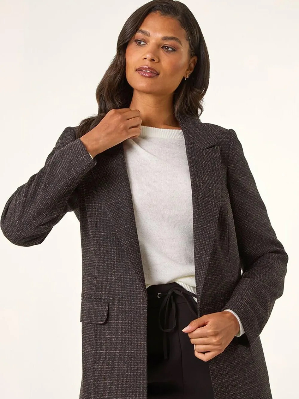 Roman Brown Check Print Longline Blazer^Women Blazers
