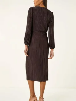 Roman Brown Plisse Twist Front Midi Dress^Women Occasion Dresses