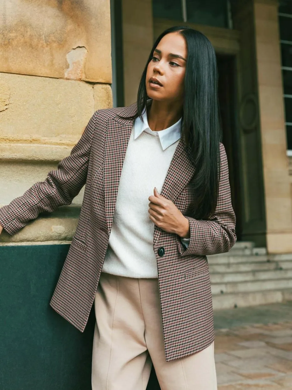 Hot Roman Natural Petite Houndstooth Blazer