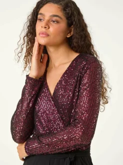 Roman Red Dark Sequin Wrap V-Neck Stretch Jumpsuit^Women Jumpsuits & Playsuits