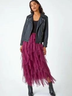 Roman Red Elasticated Mesh Layered Skirt^Women Skirts