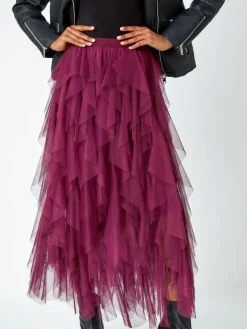 Roman Red Elasticated Mesh Layered Skirt^Women Skirts