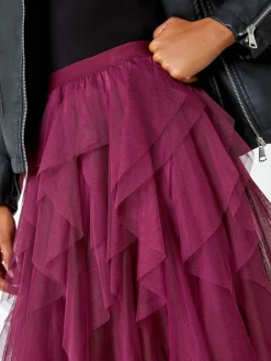 Roman Red Elasticated Mesh Layered Skirt^Women Skirts