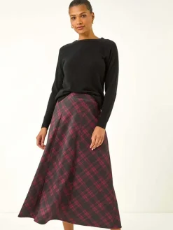 Hot Roman Panelled Check Midi Skirt Red