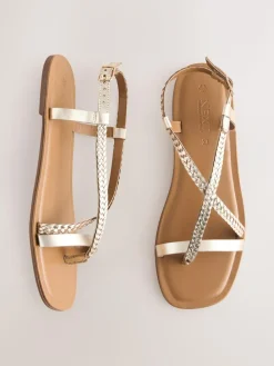 Next Rose Gold Leather Standard/Wide Fit Plait Strappy Toe Thong^Women Wide Fit & Extra Wide Fit