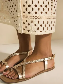 Next Rose Gold Leather Standard/Wide Fit Plait Strappy Toe Thong^Women Wide Fit & Extra Wide Fit