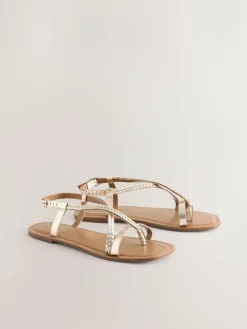 Next Rose Gold Leather Standard/Wide Fit Plait Strappy Toe Thong^Women Wide Fit & Extra Wide Fit