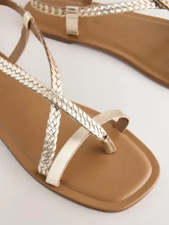 Next Rose Gold Leather Standard/Wide Fit Plait Strappy Toe Thong^Women Wide Fit & Extra Wide Fit