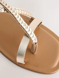 Next Rose Gold Leather Standard/Wide Fit Plait Strappy Toe Thong^Women Wide Fit & Extra Wide Fit
