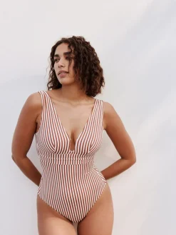 Clearance Next Rose/White Stripe Plunge Shaping Tummy Control Swimsuit