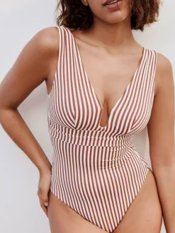 Clearance Next Rose/White Stripe Plunge Shaping Tummy Control Swimsuit