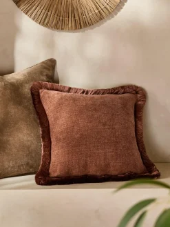 Clearance Next Rust Brown 50 x 50cm Chunky Fringe Velvet Chenille Cushion