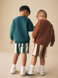 Next Rust Brown and Teal Crew Neck Sweatshirt and Shorts 2 Pack Set (3mths-7yrs)^BOY Sweatshirts & Hoodies|Sets & Outfits