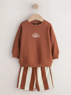 Next Rust Brown and Teal Crew Neck Sweatshirt and Shorts 2 Pack Set (3mths-7yrs)^BOY Sweatshirts & Hoodies|Sets & Outfits
