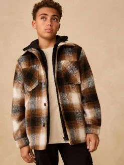 Next Borg Lined Hooded Check Shacket (3-16yrs)^BOY Shirts|Coats & Jackets