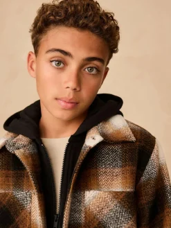 Next Borg Lined Hooded Check Shacket (3-16yrs)^BOY Shirts|Coats & Jackets